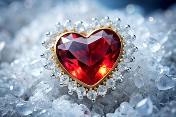 Red ruby ​​heart surrounded by diamonds