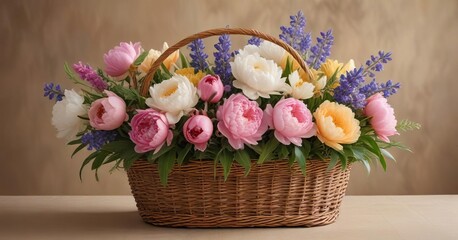 Obraz premium Large peonies, irises, and lupines arranged in a decorative wicker basket on a light brown background in soft blur, natural fibers, wicker basket, peony