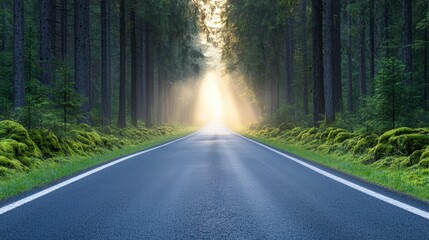 Obraz premium Misty Forest Road Sunlit Path Nature Asphalt Trees Travel