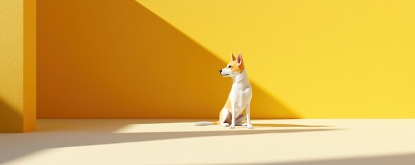 Dog sitting peacefully in yellow room 3d rendering calm environment