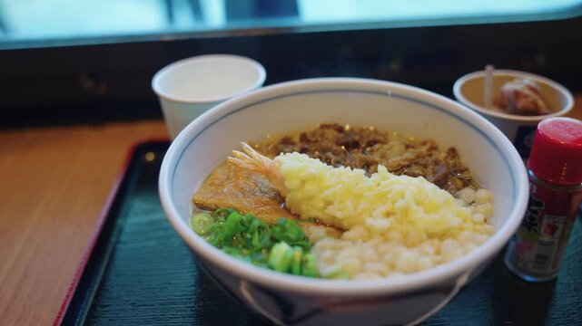 Steaming Hot Tempura Udon, Japanese Noodles with Deep Fried Shrimp