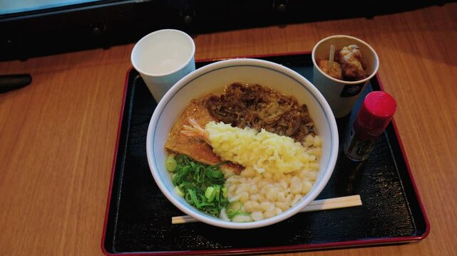 Japanese Tempura Udon with Spring Onions and Fried Chicken