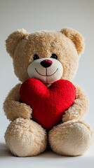 Obraz premium Teddy bear holding red heart against white background