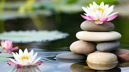 Fototapeta premium Lotus flower and stacked stones on calm water for zen wellness, peaceful spa background with lotus and water reflection of stacked stones, natural relaxation with lotus flower