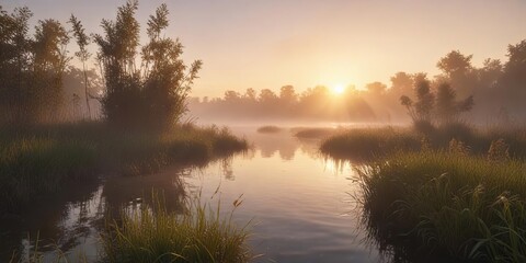 Obraz premium Misty riverbank during sunrise with fog enveloping reeds and soft light creating a serene atmosphere, tranquil, river