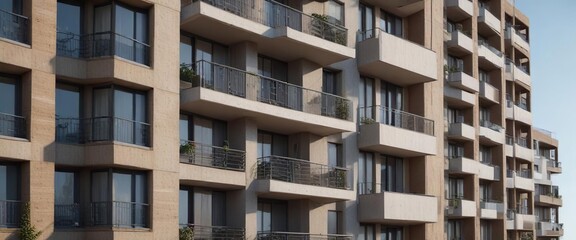 Fototapeta premium Modern residential building facade with balconies, urban garden, glass doors, greenery