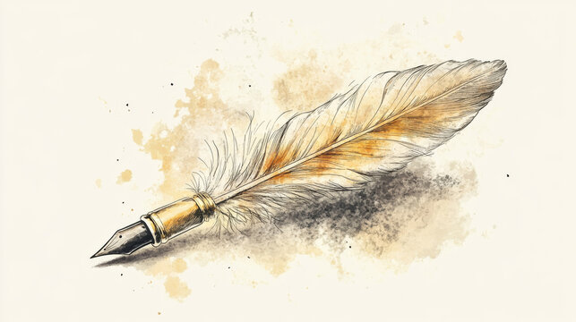 An original illustration of a feather quill pen in a vintage woodblock style