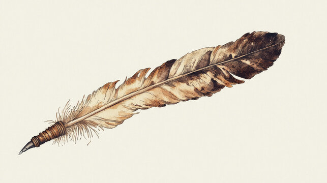 An original illustration of a feather quill pen in a vintage woodblock style