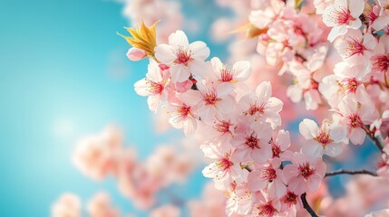 Fototapeta premium Cherry Blossom Branches Against Blue Sky, Ideal for Spring Theme Generative AI