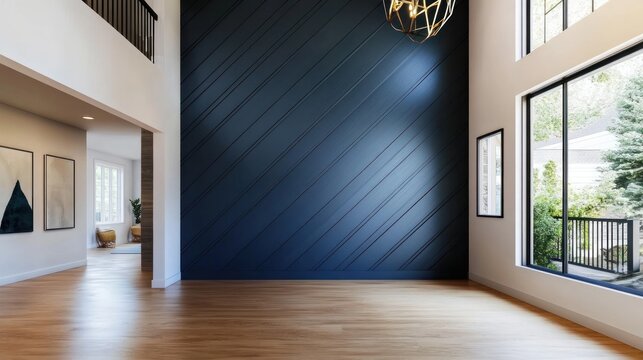 Modern home interior with high ceiling, dark blue accent wall, hardwood floors, and large windows.