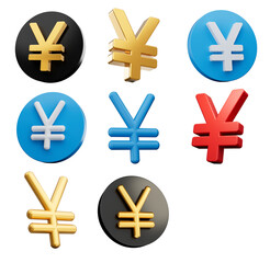 Obraz premium 3d Set Of Eight Different style Of Yen Symbol With Rounded Icons On White Background 3d Illustration 