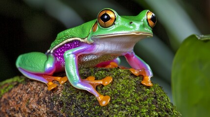 Fototapeta premium Vibrant Green Frog on Moss Tropical Rainforest Wildlife Photography