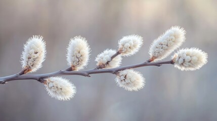 Fototapeta premium Close-up of Fluffy White Buds on a Willow Branch, Capturing the Essence of Early Spring Generative AI