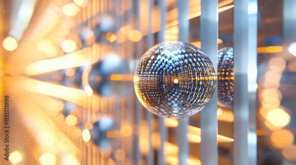 Poster reflective sphere amidst glowing geometric structures