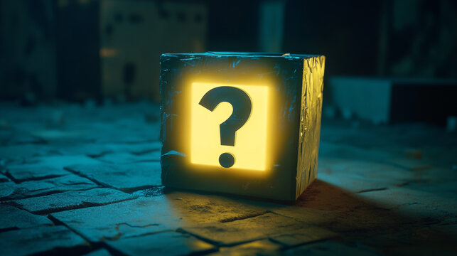 Mystery box, surprise, uncertainty futuristic concept with open box and question marks in glowing low polygonal style on dark blue background. Modern abstract connection design vector illustration.