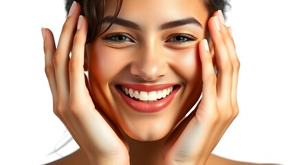 A smiling woman gently patting her cheeks with her palms, emphasizing soft, hydrated, and supple skin, isolated on white background.