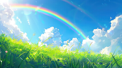 Obraz premium Beautiful Colorful Rainbow in the Meadow Background
