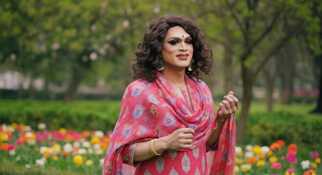 Vibrant traditional dress portrait of lgbtq asian adult in colorful garden setting