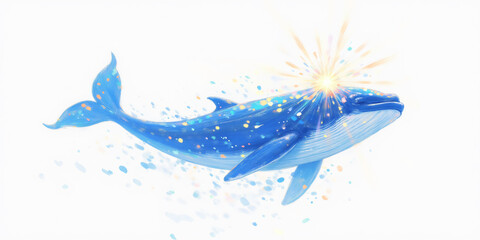 Obraz premium An illustration of a majestic blue whale gliding through the water, illuminated by sparkles and light, creates a serene and magical underwater scene for art.