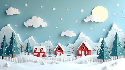 Papercraft Winter Wonderland: Cozy Red Houses nestled in Snowy Mountains under a Full Moon