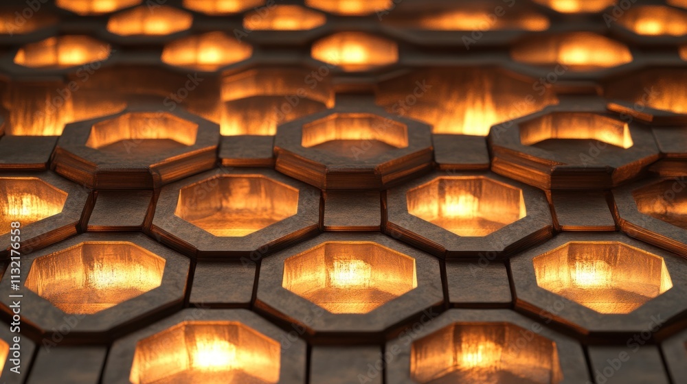 Poster Illuminated Hexagonal Pattern Wooden Structure