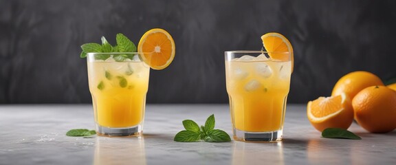 Fototapeta premium Refreshing iced orange juice, mint, frozen orange , ice, vitamin c, summer