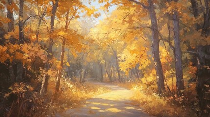 Obraz premium A quiet path winds through a forest of golden autumn leaves, the sunlight filtering through the trees and casting a warm glow