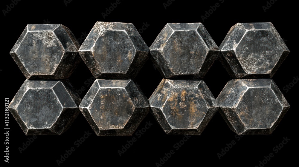 Poster a row of eight weathered metal hexagonal shapes