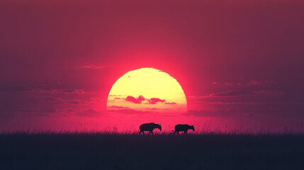 Fototapeta premium An African safari animal silhouette landscape scene
