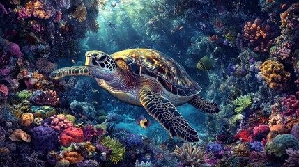Sea Turtle Gracefully Swims Through Vibrant Coral Reef