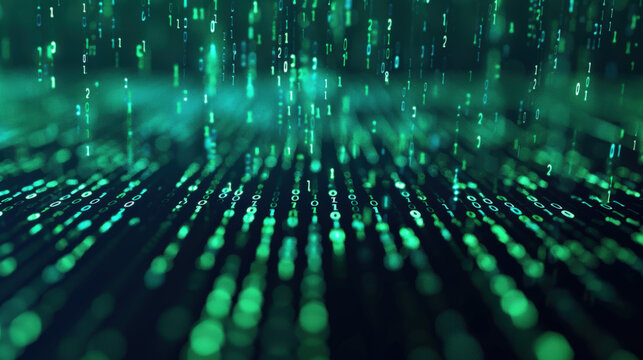 Digital Matrix with Green Binary Code and Data Streams Falling in 3D Visualization of Technology and Cybersecurity Concepts