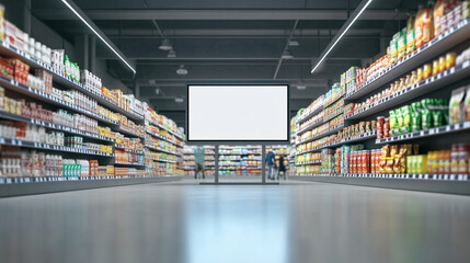 An empty grocery store aisle features shelves filled with various products and a central digital screen ready for advertising, showcasing a modern shopping environment for business.