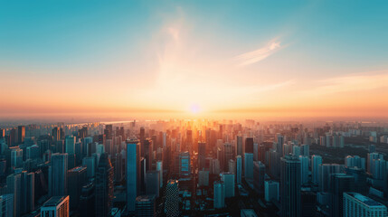Fototapeta premium Stunning Aerial View of Urban Skyline during Sunset with Vibrant Colors Illuminating Modern Skyscrapers