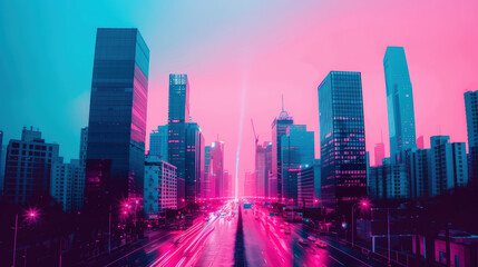 Vibrant Neon Cityscape with Futuristic Buildings and Motion Trails at Dusk in Pink and Blue Hues