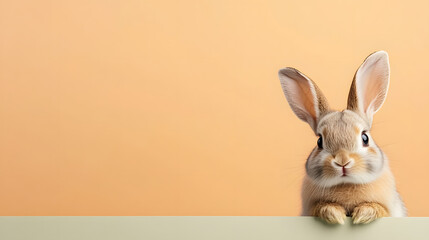 Obraz premium cute Netherland Dwarf rabbit peeking over green surface against warm orange background, exuding curiosity and charm