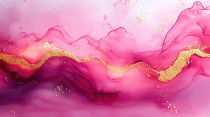 Abstract watercolor or alcohol ink art pink white background with golden crackers. Pastel pink marble drawing effect. llustration design template for wedding invitation,decoration, banner, background