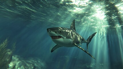 Naklejka premium Great white shark swimming in clear blue water, sharp teeth exposed, sunlight filtering through the ocean surface, an apex predator on the move 