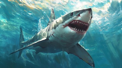 Fototapeta premium Great white shark swimming in clear blue water, sharp teeth exposed, sunlight filtering through the ocean surface, an apex predator on the move 