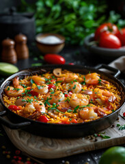 Spanish Paella with Saffron Rice and Rustic Garnish in Cast Iron Pan