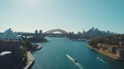 Naklejka premium Sydney Harbour Bridge and Opera House, aerial view. Scenic cityscape, bay, and iconic structures.