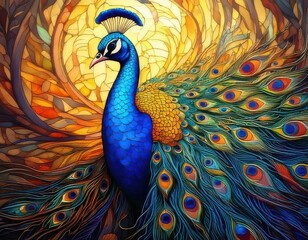 Fototapeta premium Set against a dazzling stained glass background of rich golden hues, a radiant peacock displays its colorful plumage in full glory.