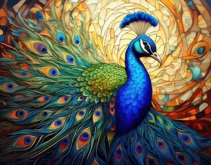 Fototapeta premium With its colorful feathers fanned out, a radiant peacock stands proudly against an intricate stained glass design glowing with warm golden light.