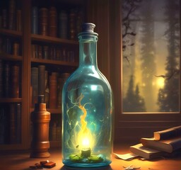 Illustration of bottle with magic spark inside.