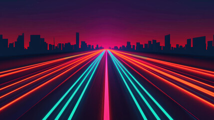 Futuristic Urban Landscape with Vibrant Neon Lights and Dynamic Motion Effects at Dusk