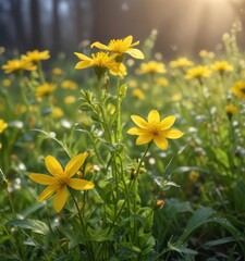 Obraz premium Soft petals of yellow wildflowers gently unfolding in the morning dew, peaceful, flowers