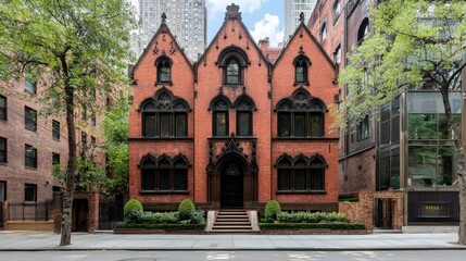 Grand Gothic Mansion  City Street  Brick Architecture  Urban House