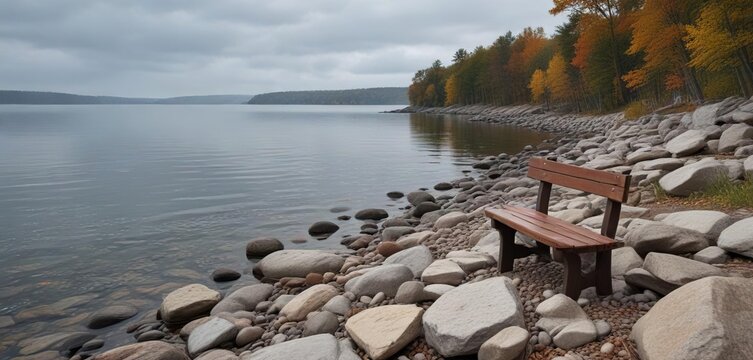 Solo wooden bench sits atop a rocky shoreline overlooking Pewaukee Lake on a gray morning, water, shoreline, shadows