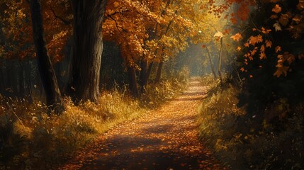 A serene forest path surrounded by vibrant autumn trees, the fallen leaves creating a soft, colorful layer along the peaceful trail