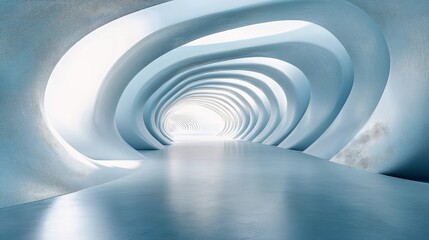 Obraz premium Futuristic tunnel showcases an abstract design. Modern architecture with curves and symmetry creates an elegant interior. Bright light enhances the scene, perfect for architectural concepts or