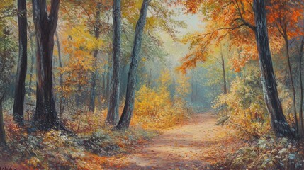 Obraz premium path through a dense autumn forest, where vibrant leaves create a warm, colorful canopy and fallen leaves line the quiet trail